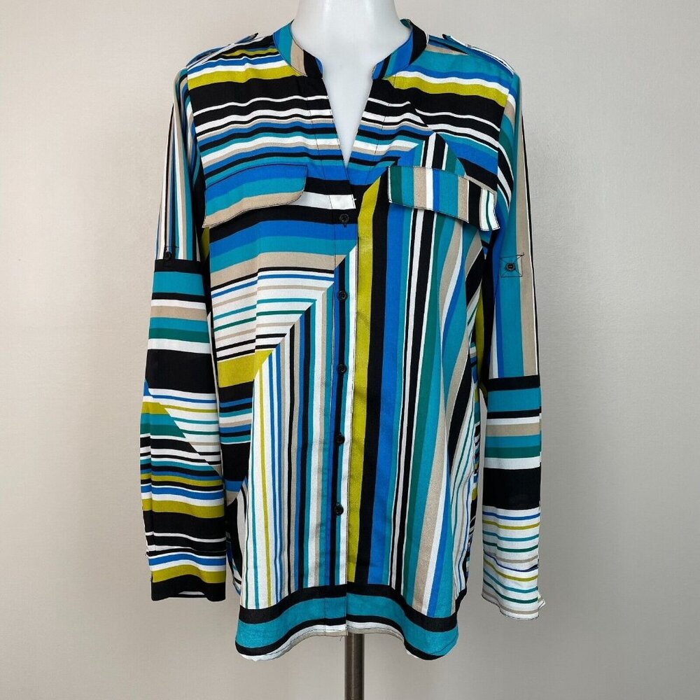Calvin Klein Top Medium Blue Green Striped Button-Front Blouse Long Sleeve Women